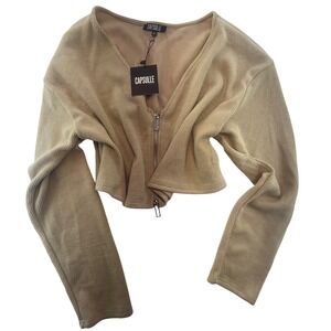 Capsulle Women's‎  Top Size L Long Sleeve Ribbed Crop Zip Up Cardigan Beige NWT